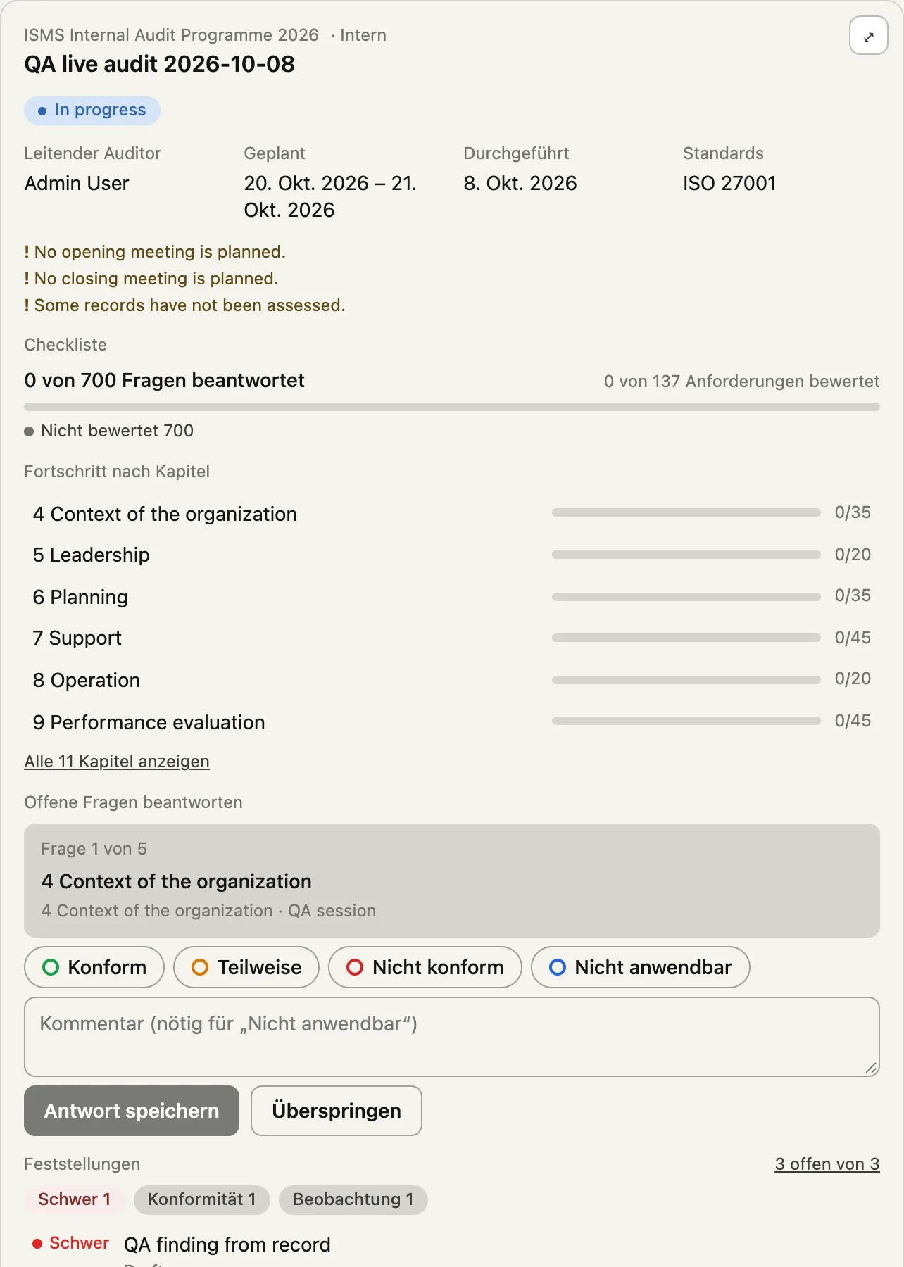 Audit-Karte im Chat: Fortschritt je Kapitel und die nächste offene Frage mit Antwortoptionen