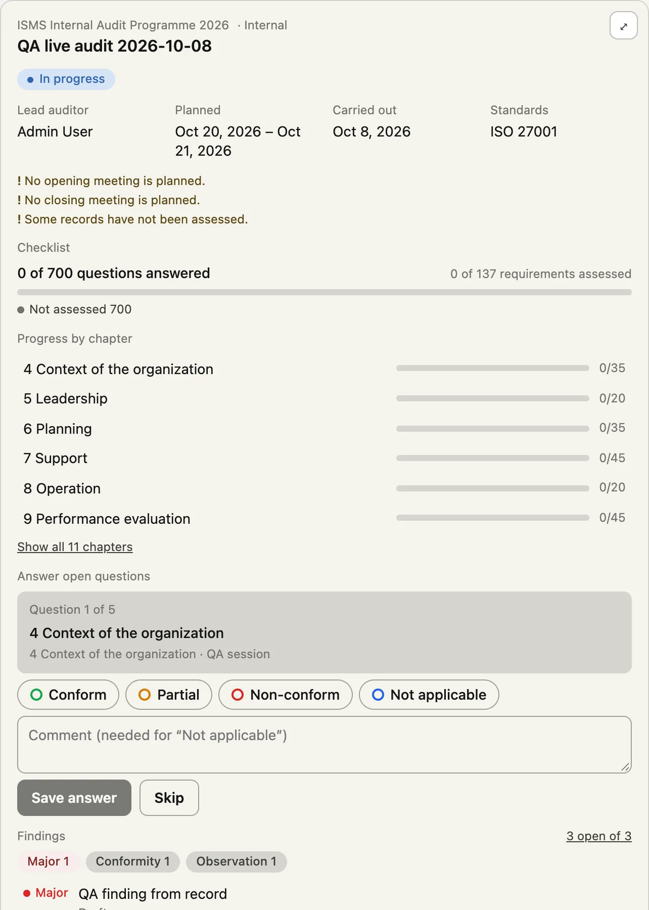 Audit card in the chat: progress per chapter and the next open question with answer options