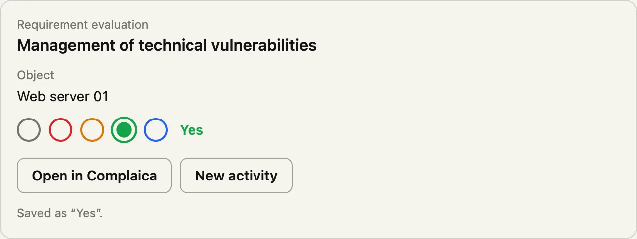 Bewertungskarte im Chat: „Management of technical vulnerabilities“ für Webserver 01, auf Ja gesetzt