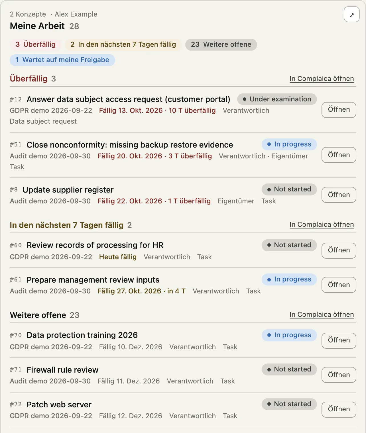 Karte „Meine Arbeit“ im Chat: überfällige und bald fällige Aktivitäten mit Status und Fälligkeit
