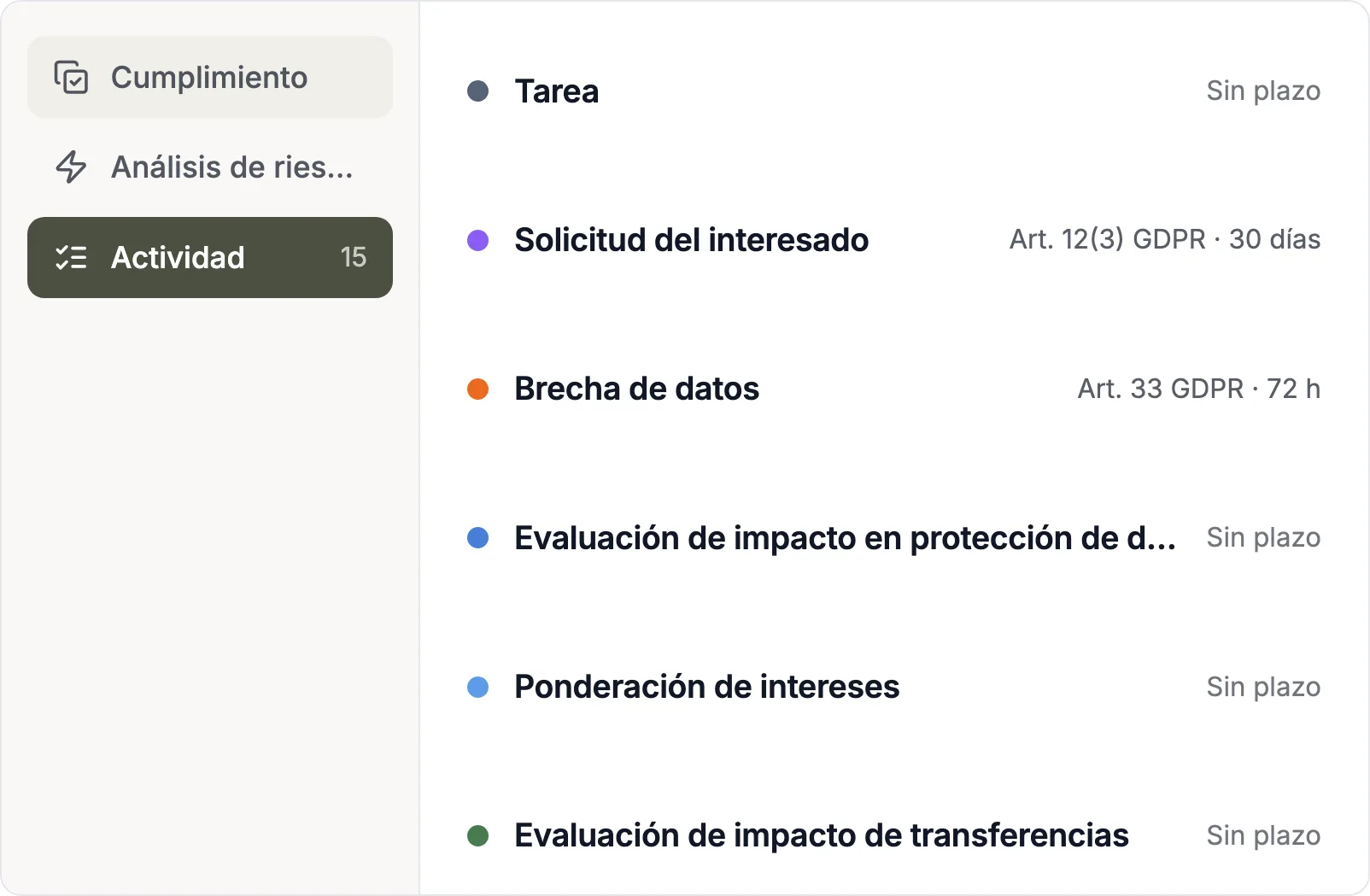 Tipos de registro de protección de datos con plazos legales en Complaica