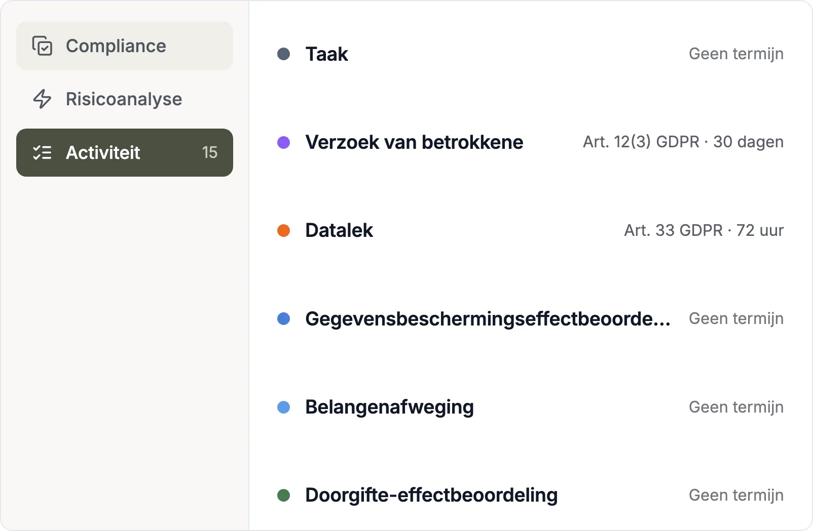 Recordtypen voor gegevensbescherming met wettelijke termijnen in Complaica