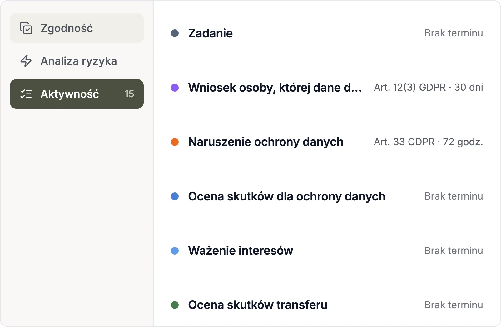 Typy rekordów ochrony danych z ustawowymi terminami w Complaica