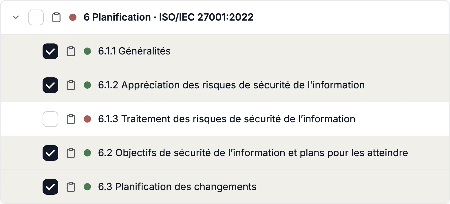 Exigences d’ISO/IEC 27001:2022 en arborescence dans Complaica