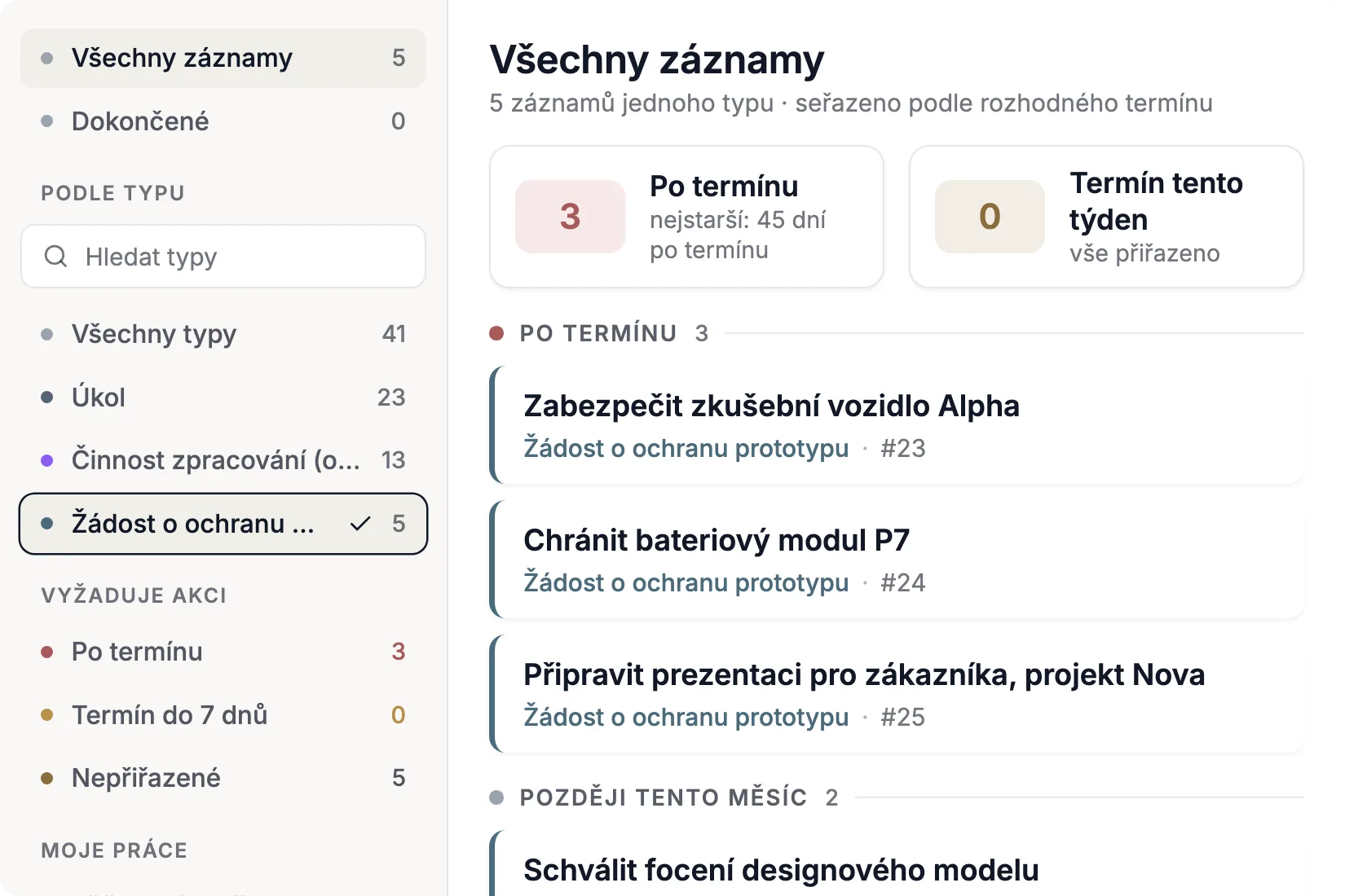 Otevřené žádosti o ochranu prototypů s termíny v Complaica