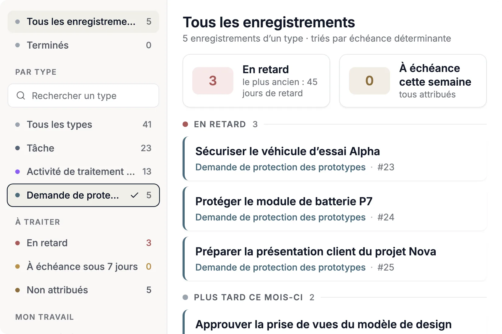 Demandes de protection des prototypes ouvertes avec échéances dans Complaica