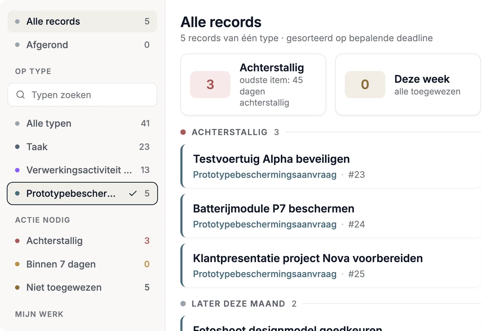 Openstaande prototypebeschermingsaanvragen met deadlines in Complaica